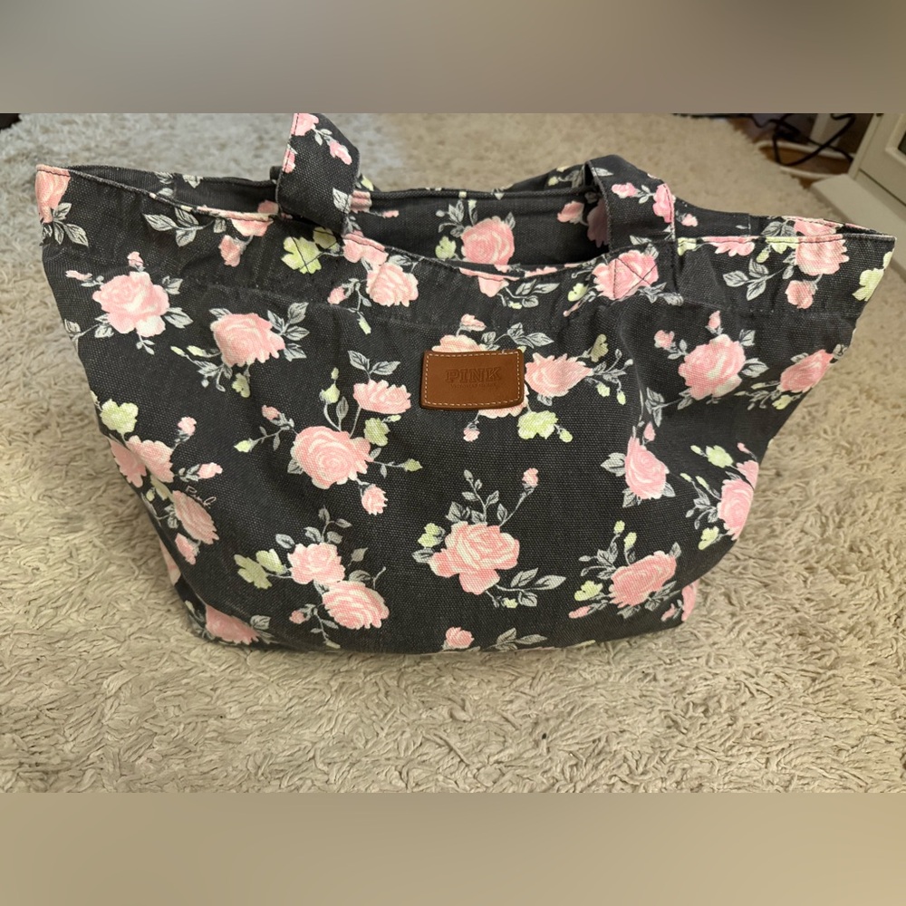 PINK Victoria's Secret Black and Pink Floral Tote